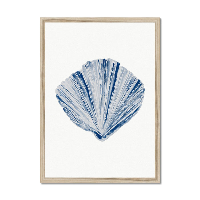 Framed watercolour art print of a blue fan shell on a white background, contained within a simple wooden frame.