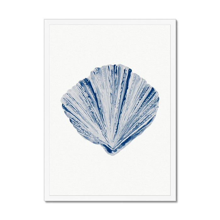 Framed watercolour art print of a blue fan shell on a white background, housed in a simple wooden frame.