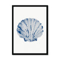 Framed watercolour art print of a blue shell on a white background, housed in a simple wooden frame.