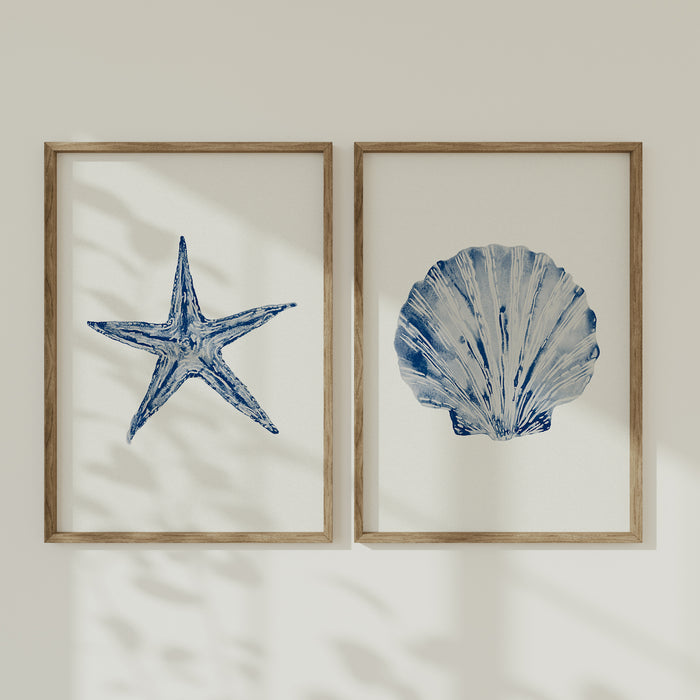 Watercolour Shell Art | Blue Scallop Shell Print - Framed