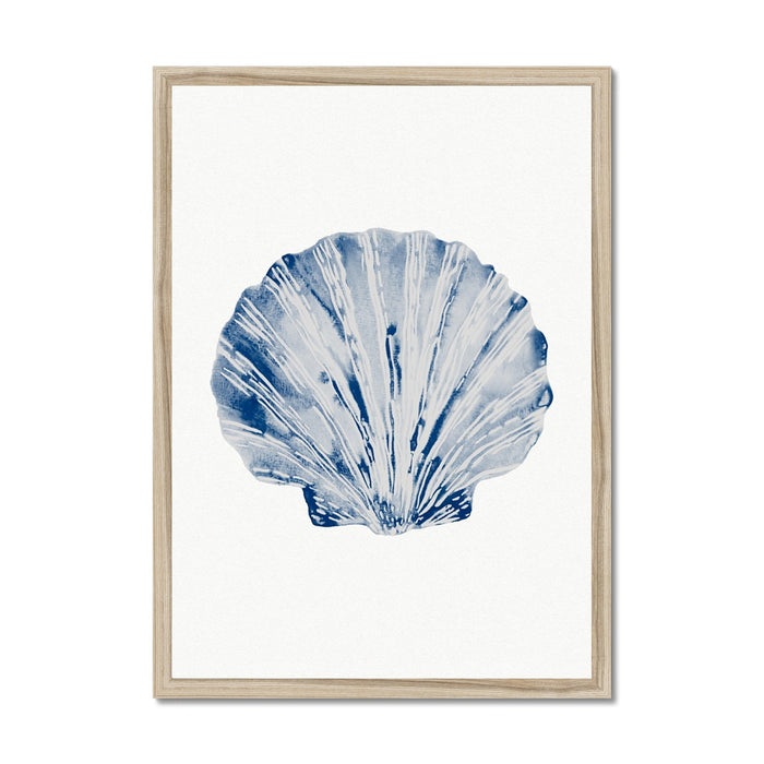 Framed watercolour art print of a blue scallop shell on a white background.