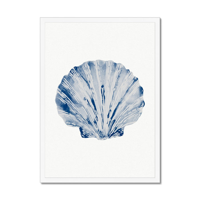 A framed art print of a blue scallop shell on a shelf.