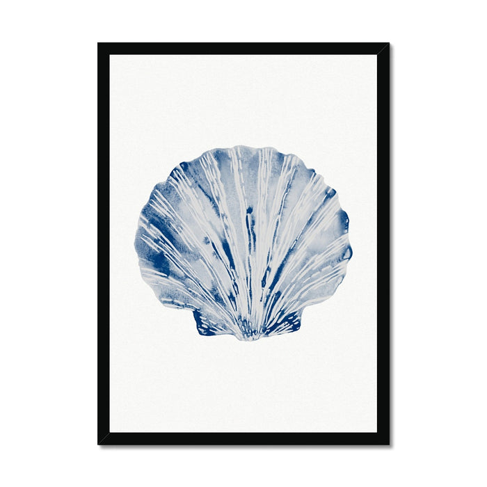 Framed watercolour art print of a blue shell on a white background, housed in a simple wooden frame.