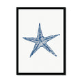 Framed watercolour art print of a blue starfish on a white background, housed in a simple black frame.