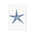 A framed art print of a blue watercolor painting of a starfish.