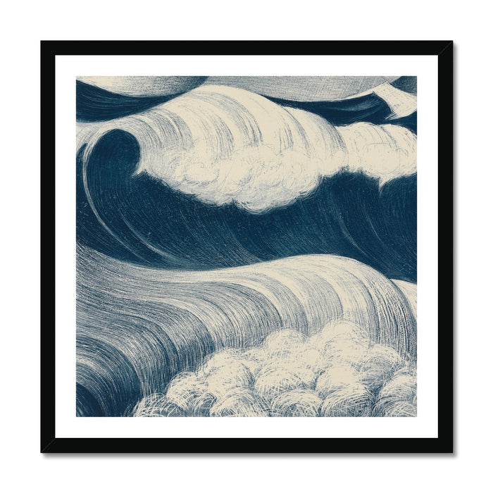 A framed art print featuring a stylised, abstract coastal illustration with wavy lines and shades of blue and white, representing a seascape.