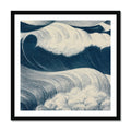 A framed art print featuring a stylised, abstract coastal illustration with wavy lines and shades of blue and white, representing a seascape.