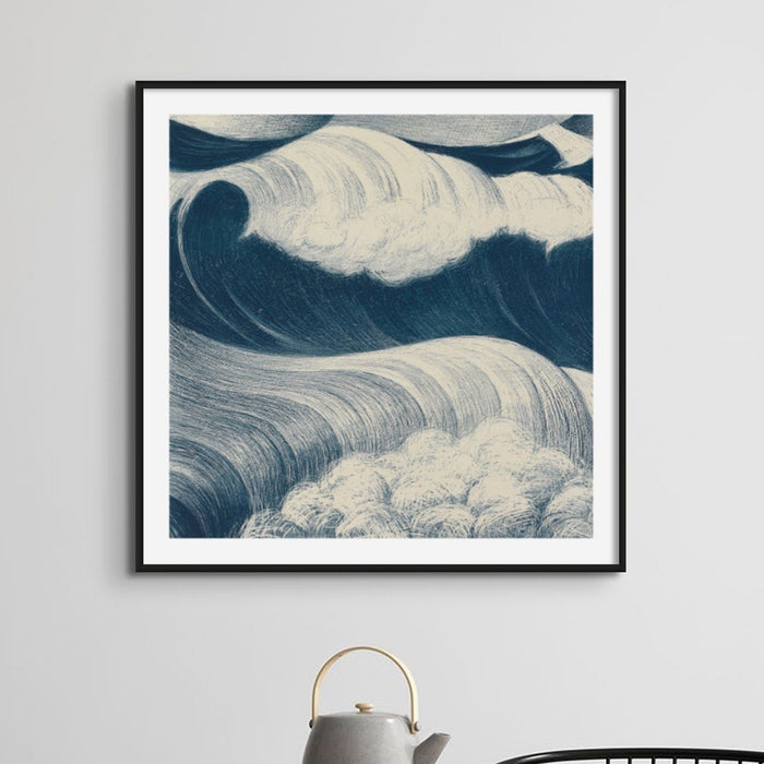 A framed art print featuring a stylised, abstract coastal illustration with wavy lines and shades of blue and white, representing a seascape.