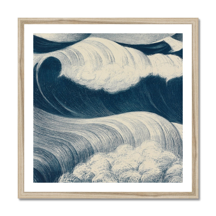 A framed art print featuring a stylised, abstract coastal illustration with wavy lines and shades of blue and white, representing a seascape.