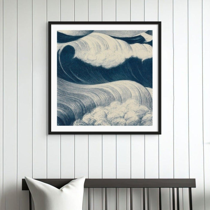 Wave art print - blue sea painting with black frame on white painted wall above black bench