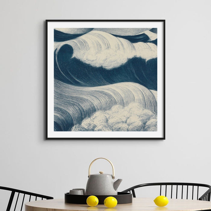 Wave art print - blue sea painting with black frame on white painted wall above kitchen table.