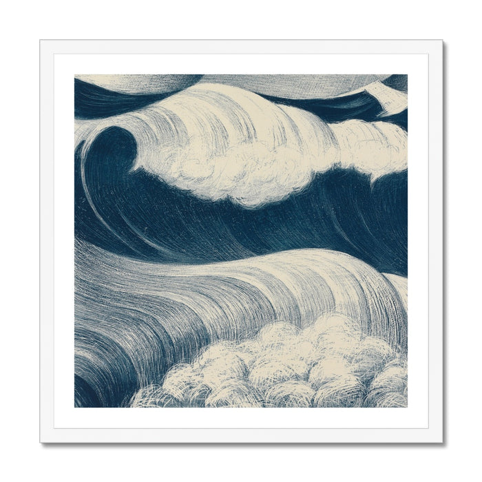 A framed art print featuring a stylised, abstract coastal illustration with wavy lines and shades of blue and white, representing a seascape.