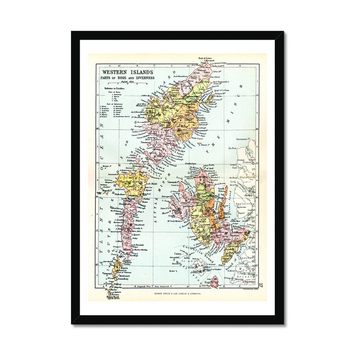 Framed vintage map print of the Western Isles of Scotland, featuring a colorful representation of the Outer Hebrides islands.