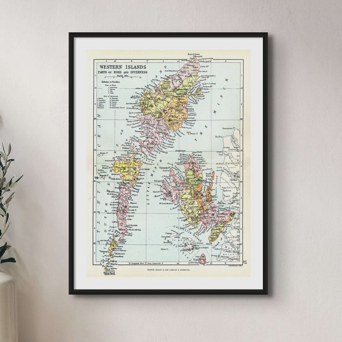 Vintage Western Isles map print featuring the Outer Hebrides, Isle of Skye, Harris, Lewis and Uist. Detailed Scottish island wall art on wall in living room.