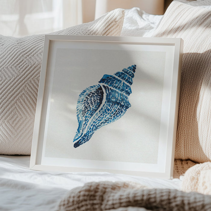 Blue whelk shell coastal art print painted in layered watercolour brushstrokes by Beach House Art