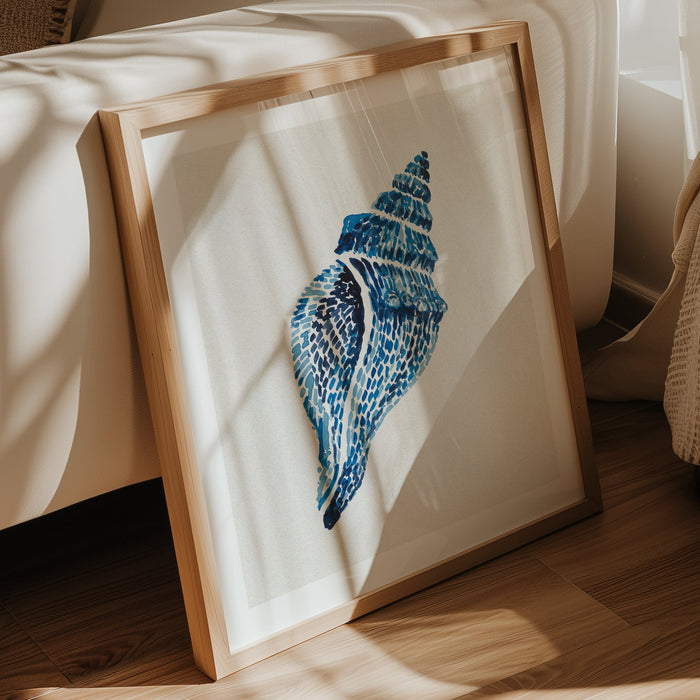 Blue whelk shell coastal art print painted in layered watercolour brushstrokes in living room