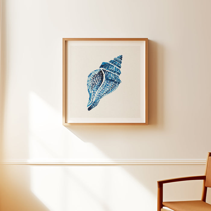 Blue whelk shell coastal art print painted in layered watercolour brushstrokes by Beach House Art