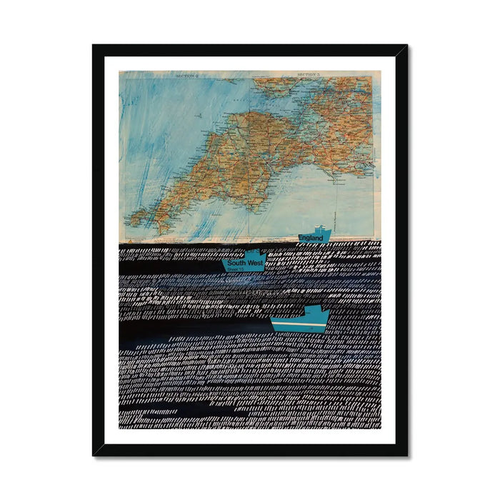 Framed artwork depicting boats on water with elements of vintage atlas pages mixed in the artwork, primarily in blue and brown tones.