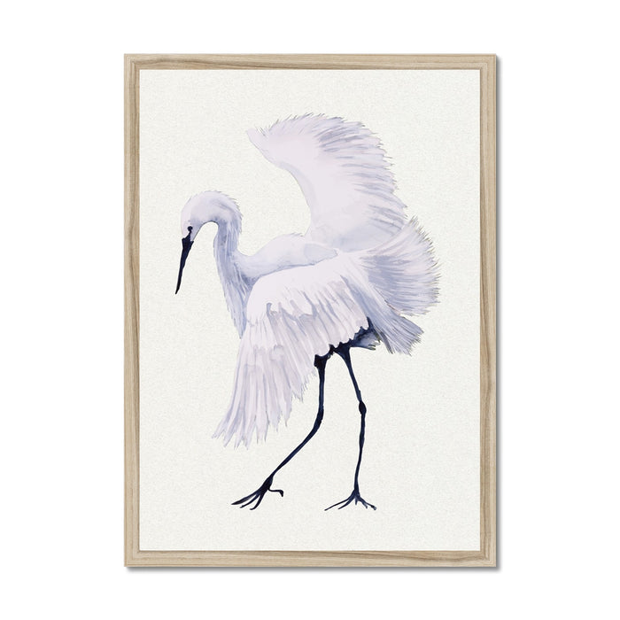Framed artwork of a white egret heron with outstretched wings on a light background