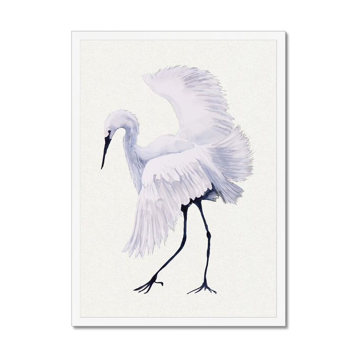 Bird painting of a White egret with outstretched wings on a light gray background