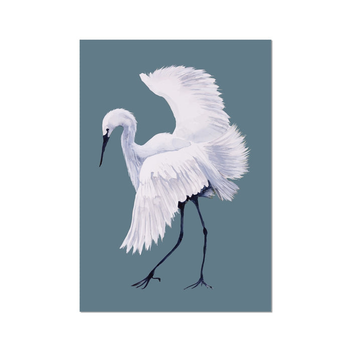 White heron painting on a blue background