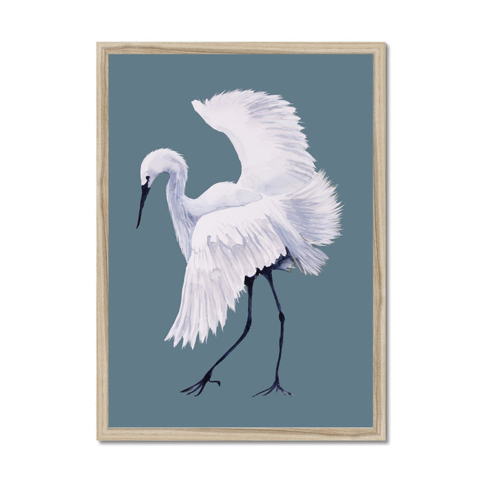 Framed artwork of a white heron bird on a blue background