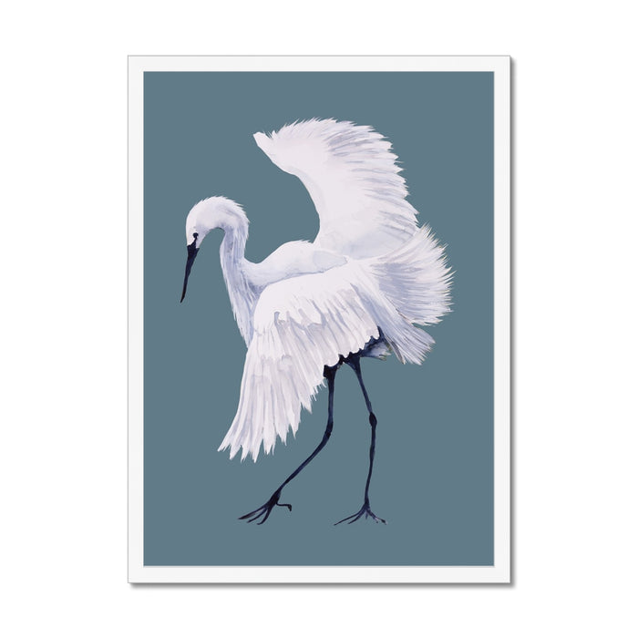 White egret illustration on a blue background framed with a simple white frame.