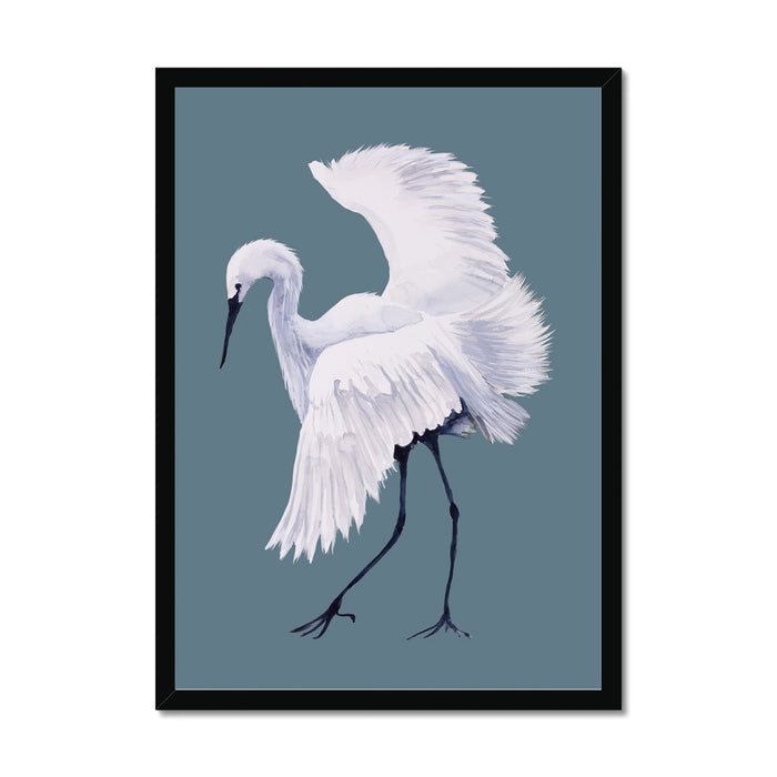 Framed artwork of a white heron on a blue background