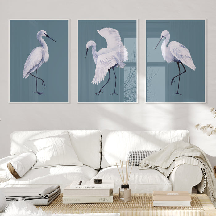 Three framed paintings of birds on a wall above a white sofa.