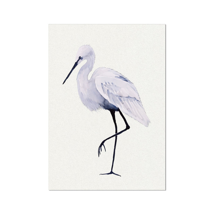 White egret bird print on a light grey background