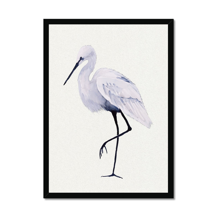 Framed artwork of a heron bird on a white background