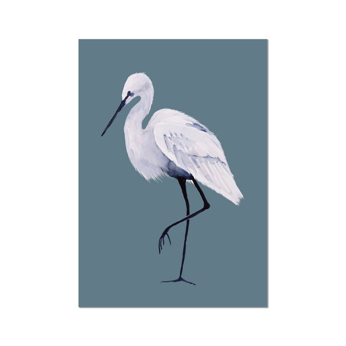 Art print of a white bird on a blue background.