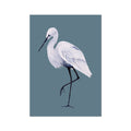 Art print of a white bird on a blue background.