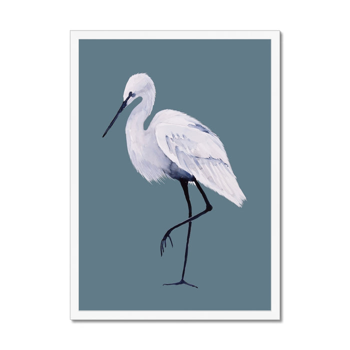 White egret illustration on a blue background