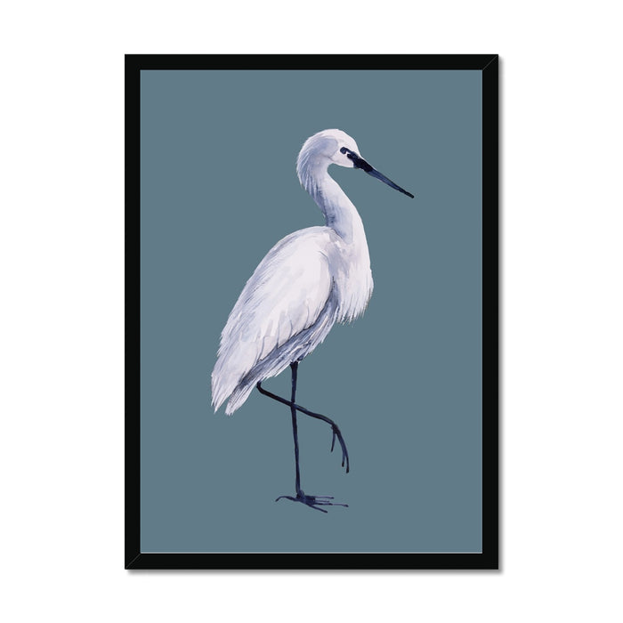 Framed artwork of a white bird on a blue background