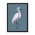 Framed artwork of a white bird on a blue background