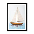 Framed artwork of a sailboat on water with a white background