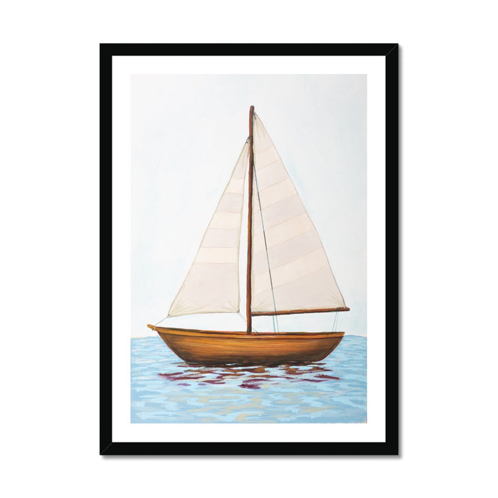 Framed artwork of a sailboat on water with a white background