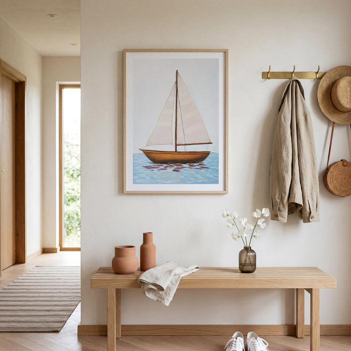 Nautical-themed room with a sailboat painting, wooden bench, and shoes.