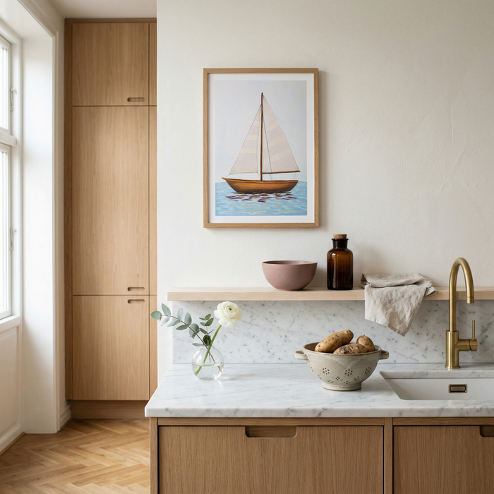 Modern kitchen with wooden cabinets, marble countertop, and sailboat artwork on the wall.