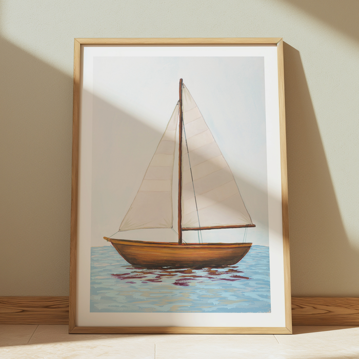 Framed artwork of a sailboat on water with a wooden frame.