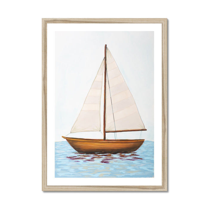 Framed artwork of a sailboat on water with a white background