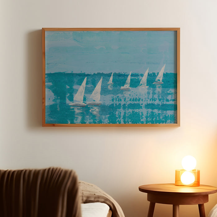 A framed painting featuring white sailboats on a blue ocean backdrop, representing a sailing regatta in living room.