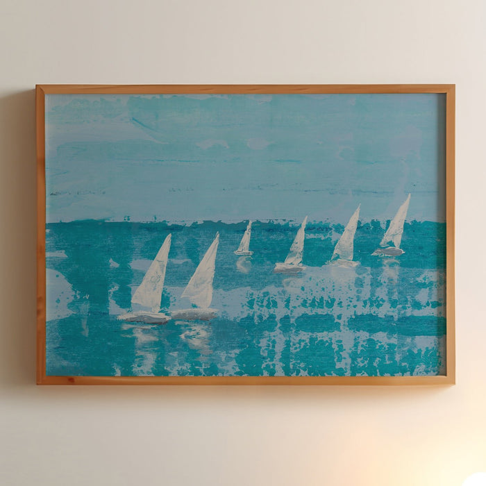 A framed sailing boat art print on wall with wooden frame.