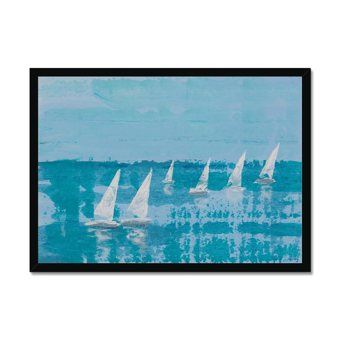 A framed painting featuring white sailboats on a blue ocean backdrop, representing a sailing regatta.