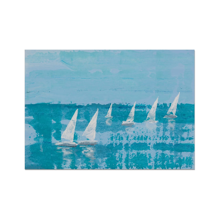 A framed painting featuring white sailboats on a blue ocean backdrop, representing a sailing regatta.