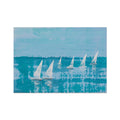 A framed painting featuring white sailboats on a blue ocean backdrop, representing a sailing regatta.