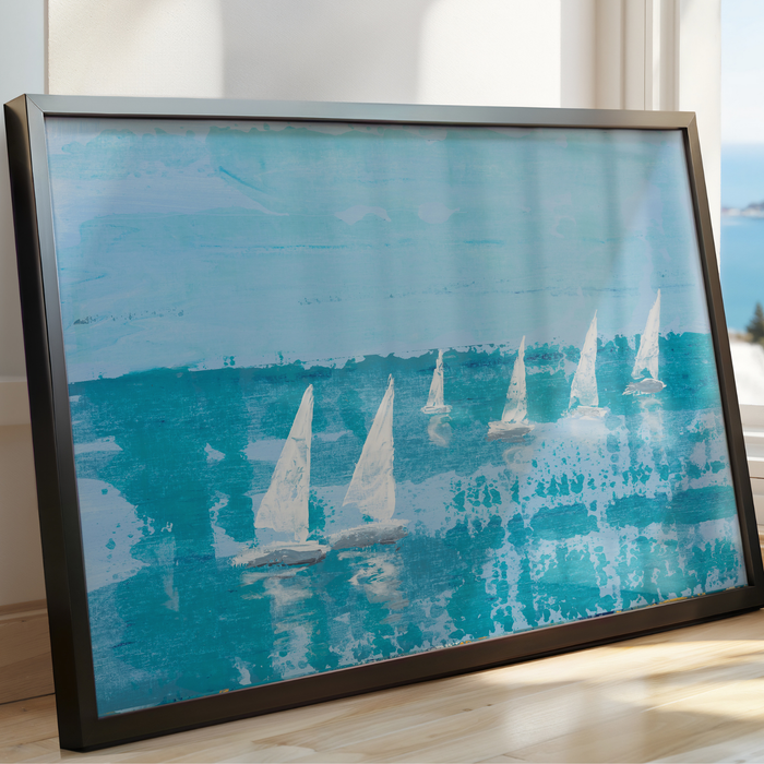 White sailboats racing across a textured blue sea in an abstract regatta painting, coastal wall art print