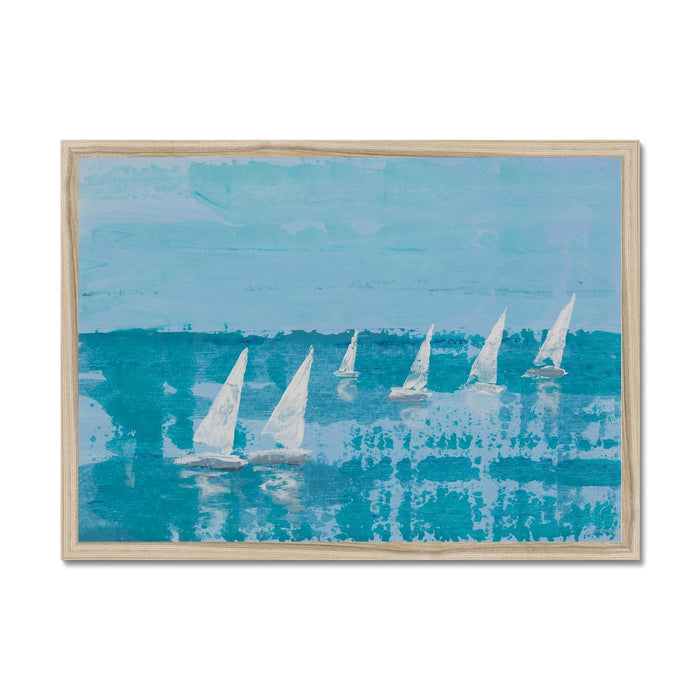Framed abstract painting of a regatta with white sailboats on a blue sea.