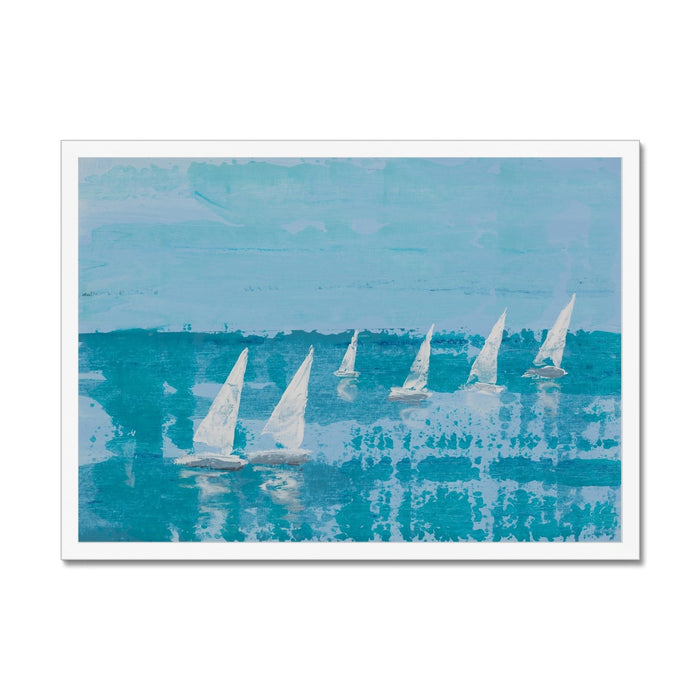 Framed sailing boat print with white frame.